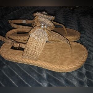 SHEIN Beige Woven Sandals with Lace Bow